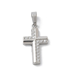 Нержавеющая Сталь Цвет 304 микро нержавеющей стали прокладывать Цирконом подвески, крест прелести, цвет нержавеющей стали, 17.5x10x2.3 мм, отверстие : 4 мм