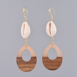 Misty Rose Dangle Earrings, with Resin & Wood Pendants, Cowrie Shell, Golden Plated Brass Earring Hooks, Copper Wire and Cardboard Packing Box, Teardrop, Misty Rose, 90mm, Pin: 0.7x1mm