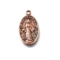 Красная Медь Латунные подвески, овал с девственной рисунком мэри, без кадмия и без свинца, долговечный, стойки покрытие, Красная медь, 20.5x11.5x2 мм, отверстие : 1.5 мм