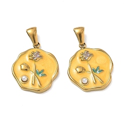 Oro 304 colgantes de esmalte de acero inoxidable, pepitas con amuletos florales, con perlas de imitación abs, revestimiento de iones (ip), larga duración plateado, dorado, dorado, 21x18x4 mm, agujero: 2.5x6 mm
