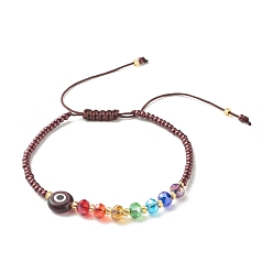 Кокосово-Коричневый Плоский круглый браслет лэмпворк с плетеными бусинами от сглаза, стеклянные бусины регулируемый браслет для женщин, кокосового коричневый, внутренний диаметр: 2-3/8~4-1/8 дюйм (5.9~10.4 см)