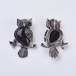 Black Agate Gemstone Pendant, with Alloy Findings and Rhinestone, Owl, 50x35x7.5~9mm, Hole: 5x8mm