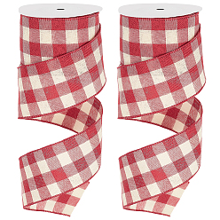 Red Grating Pattern Polyester Ribbon, with Iron Wire Edge, Red, 2-1/2 inch(63mm), about 9.84 Yards(9m)/Roll