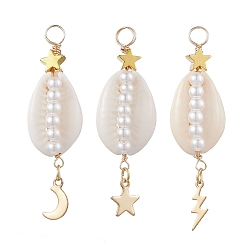 Золотой 3 шт. 3 стили подвески из натуральной ракушки каури, обернутые медной проволокой, стеклянные жемчужины, подвески в форме ракушки с подвесками из нержавеющей стали в виде звезд, луны и молний, золотые, 46~48.5x13.5~15x11 мм, отверстие : 4 мм, 1 шт / стиль