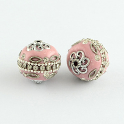 Pink Runde handgemachte Klasse Strassperlen Indonesien, mit antikem Silber-Legierung Metall Farbe Kerne, rosa, 20 mm, Bohrung: 2 mm