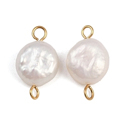 Настоящее золото 18K Плоские круглые подвески-соединители из натурального пресноводного жемчуга Кеши, с 304 двойными петлями из нержавеющей стали, белые, ионное покрытие (ip), реальный 18 k позолоченный, 16.5~18x9~10x4~6 мм, отверстие : 1.8~2.5 мм