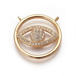 Golden Brass Micro Pave Cubic Zirconia Pendants, Flat Round with Eye, Clear, Golden, 23x4.5mm, Hole: 1.2mm