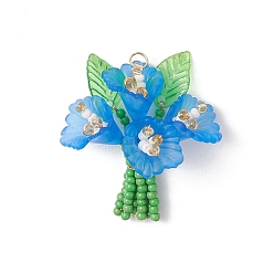 Королевский синий Стеклянные подвески из бисера, подвески-букеты с акриловыми бусинами, золотые, королевский синий, 37x31x23 мм, отверстие : 2.7 мм