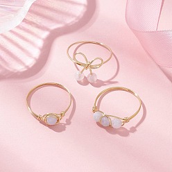 Синий Кружевый Агат Круглые натуральные голубые кружевные агатовые кольца для женщин, Кольца из медной проволоки золотистого тона, бантом, внутренний диаметр: 18~18.5 мм, 3 шт / комплект