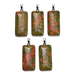 Unakite Pendentifs unakite naturelles, charme rectangle, avec 304 mousqueton en acier inoxydable sur les balles, couleur inox, 44~45x19~20x8~9mm, Trou: 7.5x4mm