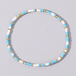 Sky Blue Boho Round Glass Seed Beaded Stretch Bracelets for Women, Sky Blue, 6.89 inch(17.5cm)
