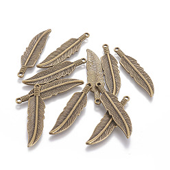 Antique Bronze Tibetan Style Alloy Charms, Lead Free & Cadmium Free & Nickel Free, Feather, Antique Bronze, 42x10x2mm, Hole: 2mm