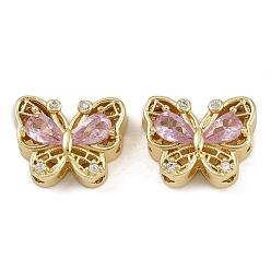 Pink Многожильные звенья из латуни с паве из кубического циркония, долговечный, бабочка, золотые, розовые, 10x13x6 мм, отверстие : 2 мм