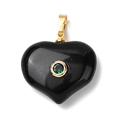 Обсидиан Природные подвески обсидиана, подвески в форме сердца с латунной микрофиброй и фианитами, золотые, 25.5x25x9 мм, отверстие : 6.5x4 мм