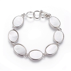 White Shell White Shell Beaded Bracelets, with Brass Findings and Toggle Clasps, Oval, Platinum, 8-3/4 inch(22.2cm), 15.5mm
