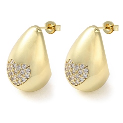 Golden Teardrop with Heart Brass Micro Pave Clear Cubic Zirconia Stud Earrings, Long-Lasting Plated, Lead Free & Cadmium Free, Golden, 21x14mm