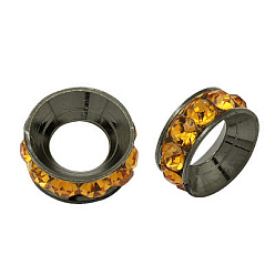 Topaz Brass Rhinestone Spacer Beads, Grade A, Rondelle, Gunmetal, Topaz, about 9mm in diameter, 4mm thick, hole: 4mm