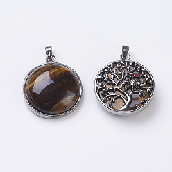 Тигровый глаз Природных тигровый глаз подвески, плоско-круглые, античное серебро, 31.5x27x9 мм, отверстие : 5x8 мм