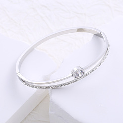 Нержавеющая Сталь Цвет Браслеты на петлях из нержавеющей стали с прозрачными кубическими цирконами для женщин, плоско-круглые, цвет нержавеющей стали