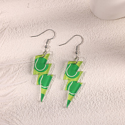 Зеленый лайм Акриловые серьги-подвески на спортивную тематику, молния с теннисным рисунком, платина, зеленый лайм, 61 мм