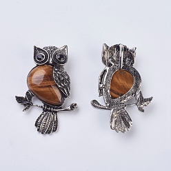 Tiger Eye Gemstone Pendant, with Alloy Findings and Rhinestone, Owl, 50x35x7.5~9mm, Hole: 5x8mm