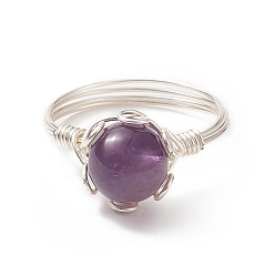 Amethyst Natural Amethyst Braided Bead Finger Ring, Copper Wire Wrap Jewelry for Women, Silver, Inner Diameter: US Size 7 1/4(17.5mm)