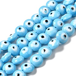 Light Sky Blue Handmade Evil Eye Lampwork Beads Strands, Flat Round, Light Sky Blue, 12.5x7.5mm, Hole: 1.6mm, about 33pcs/strand, 15.12''(38.4cm)