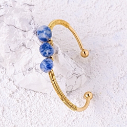 (306FM) Жонкиль матовый с лаймовой подкладкой Браслет-манжета из натуральной голубой яшмы с пятнами, открытый браслет из золотой проволоки, 2-1/2 дюйм (6.5 см)