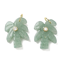 Green Aventurine Natural Green Aventurine Carved Pendants, Coconut Tree Charms with Brass Pave Clear Cubic Zirconia Findings, Golden, 26.5x20.5x7.5mm, Hole: 6.5mm