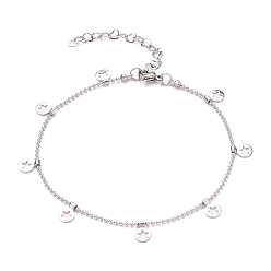 Stainless Steel Color Tarnish Resistant 304 Stainless Steel Flat Round with Star Charm Anklets, with Ball Chains and Lobster Claw Clasps, Stainless Steel Color, 9 inch(23cm)