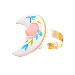Moon Adjustable Alloy Enamel & Resin Cuff Finger Rings, Golden, Moon, Inner Diameter: 17.8mm