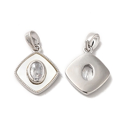 Platinum Brass Cubic Zirconia Pendants, with Shell, Rhombus with Oval Pattern, Platinum, 16x13.5x2.6mm, Hole: 2x3.4mm