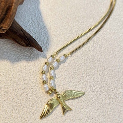 Настоящее золото 18K 304 Женские ожерелья с подвеской в виде птицы из нержавеющей стали и пластика с имитацией жемчуга, белые, реальный 18 k позолоченный, 19.69 дюйм (50 см)