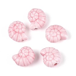 Pink Ручной фарфоровые керамические шарики, яркие глазированный фарфор, формы раковины, розовые, 14x12x7.5~8 мм, отверстие : 2~2.5 мм
