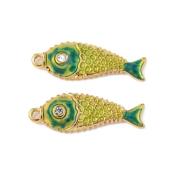 Желто-Зеленый 304 подвески в виде рыбок из нержавеющей стали со стразами, с эмалью, рыбы прелести, ионное покрытие (ip), реальный 18 k позолоченный, желто-зеленый, 23.5x8.5x2.5 мм, отверстие : 1.4 мм