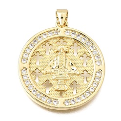 Real 18K Gold Plated Brass Micro Pave Clear Cubic Zirconia Pendants, Flat Round with Virgen de Juquila & Cross Charms, Rack Plating, Long-Lasting Plated, Cadmium Free & Lead Free, Cut-Out, Real 18K Gold Plated, 28x25x2.5mm, Hole: 4x3.5mm