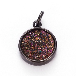 Purple Brass Charms, with Druzy Resin Cabochon, Flat Round, Gunmetal, Purple, 14x11.5x3mm, Hole: 2mm