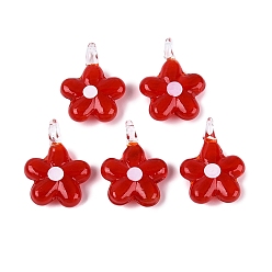 FireBrick Handmade Lampwork Pendants, Plum Blossom Charms, FireBrick, 28~31x20~24x8~11mm, Hole: 1.8~4mm