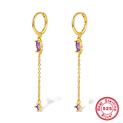 Средний Фиолетовый Серьги-кольца из настоящего 18k позолоченного 925 стерлингового серебра, серьги с кисточками из конского глаза и стразами, с печатью 925, средне фиолетовый, 49x11 мм