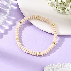 Beige 6mm Natürliche, runde, dehnbare Armbänder aus versteinertem Holz mit Messingperlen, golden, beige, Innendurchmesser: 2.17 Zoll (5.5 cm)
