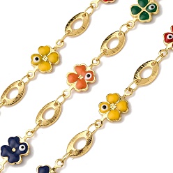 Настоящее золото 18K Латунный клевер с овальными звеньями, с эмалью, пайки, с катушкой, реальный 18 k позолоченный, 9x6x1 мм