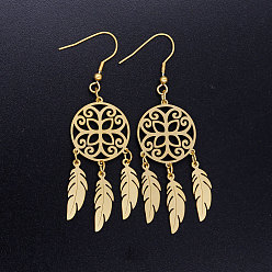 Golden 201 Stainless Steel Chandelier Earrings, Woven Net/Web with Feather, Golden, 70x20mm, Pin: 0.7mm