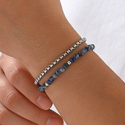 Blue Spot Jasper Natural Blue Spot Jasper Round Beaded 2-Strand Bracelets with 201 Stainless Steel Box Chains for Men Women, Stainless Steel Color, 7.48 inch(19cm)