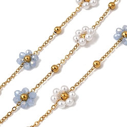 Светлый Стально-синий 304 из нержавеющей стали цепи связи цветок, со стеклом и абс-пластиковым жемчугом, стойки покрытие, долговечный, ионное покрытие (ip), пайки, с катушкой, реальный 18 k позолоченный, светло-стальной синий, 1.7x1.3x0.6 мм