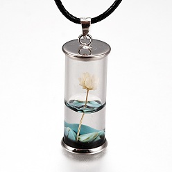 Белый Стеклянные бутылки желая кожаный шнур кулон ожерелья, с сушеными цветами и бусинами из натуральных драгоценных камней внутри, платина, белые, 17-3/8 дюйм (44.05 см)