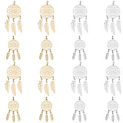 Золотой & Цвет Нержавеющей Стали 8шт 4 стиль 201 и 304 подвески из нержавеющей стали, с прыжковых колец, полированный, тканая сеть / паутина с пером, золотые и нержавеющая сталь цвет, 32~46x14~20x1 мм, отверстие : 3 мм, 2 шт / стиль