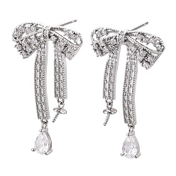 Platinum Brass Micro Pave Clear Cubic Zirconia Stud Earring Findings, for Half Drilled Beads, Nickel Free, Bowknot, Platinum, 33x20.5mm, Pin: 0.6mm, Pin: 0.6mm(for Half Drilled Beads)