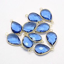 Королевский синий Золотистые латунные стеклянные каплевидные соединители, королевский синий, 21x11x5 мм, отверстие : 2 мм