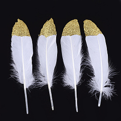 White Goose Feather Costume Accessories, Dyed, with Glitter Powder, White, 170~220x41~51mm, about 100pcs/bag