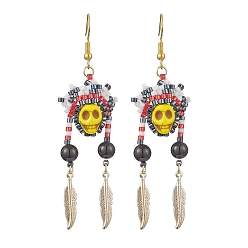 Золотистый Железная болтающаяся серьга, со стеклом и синтетической бирюзой, череп, золотые, 75x22 мм